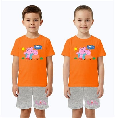 Unisex Peppa Pig baskılı Çocuk Tişört gri Şortlu Takım pamuklu penye kumaş