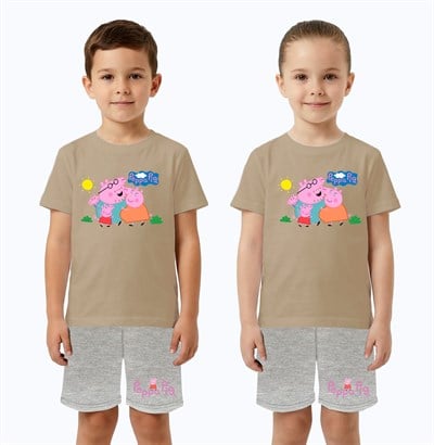 Unisex Peppa Pig baskılı Çocuk Tişört gri Şortlu Takım pamuklu penye kumaş
