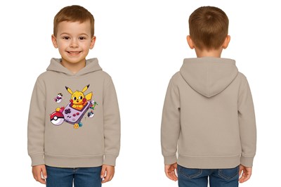 Unisex Pikaçu Baskılı Çocuk Swaetshirt Kapşonlu 3 İplik Şardonlu