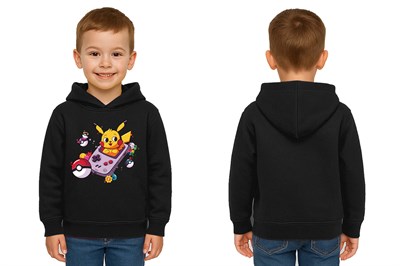Unisex Pikaçu Baskılı Çocuk Swaetshirt Kapşonlu 3 İplik Şardonlu