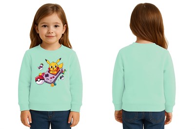 Unisex Pikaçu Baskılı Çocuk Swaetshirt 3 İplik Şardonlu