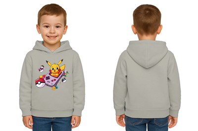 Unisex Pikaçu Baskılı Çocuk Swaetshirt Kapşonlu 3 İplik Şardonlu