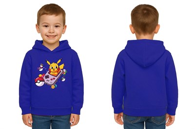 Unisex Pikaçu Baskılı Çocuk Swaetshirt Kapşonlu 3 İplik Şardonlu