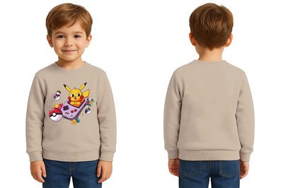 Unisex Pikaçu Baskılı Çocuk Swaetshirt 3 İplik Şardonlu