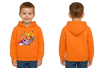 Unisex Pikaçu Baskılı Çocuk Swaetshirt Kapşonlu 3 İplik Şardonlu