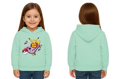 Unisex Pikaçu Baskılı Çocuk Swaetshirt Kapşonlu 3 İplik Şardonlu