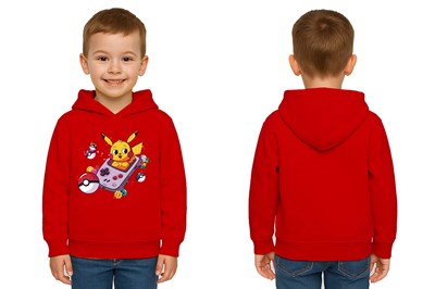 Unisex Pikaçu Baskılı Çocuk Swaetshirt Kapşonlu 3 İplik Şardonlu