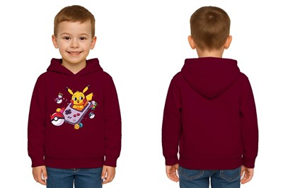 Unisex Pikaçu Baskılı Çocuk Swaetshirt Kapşonlu 3 İplik Şardonlu