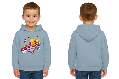 Unisex Pikaçu Baskılı Çocuk Swaetshirt Kapşonlu 3 İplik Şardonlu