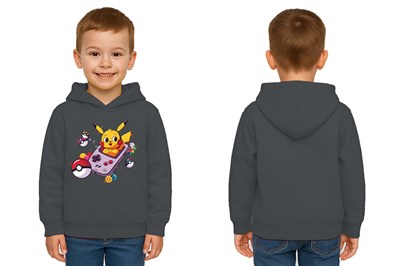 Unisex Pikaçu Baskılı Çocuk Swaetshirt Kapşonlu 3 İplik Şardonlu