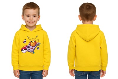 Unisex Pikaçu Baskılı Çocuk Swaetshirt Kapşonlu 3 İplik Şardonlu