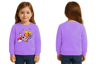 Unisex Pikaçu Baskılı Çocuk Swaetshirt 3 İplik Şardonlu