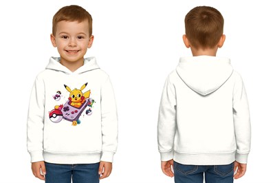 Unisex Pikaçu Baskılı Çocuk Swaetshirt Kapşonlu 3 İplik Şardonlu