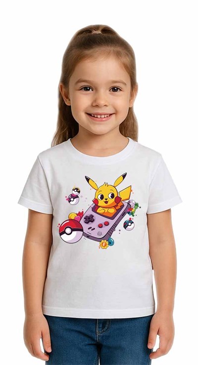 Unisex Pikaçu Baskılı Çocuk Tişört pamuklu penye kumaş