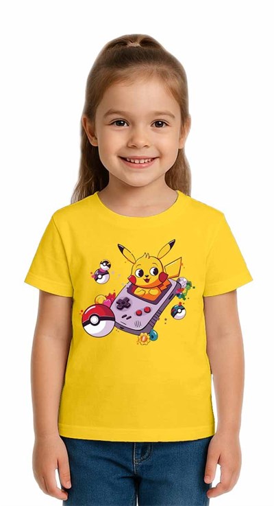 Unisex Pikaçu Baskılı Çocuk Tişört pamuklu penye kumaş