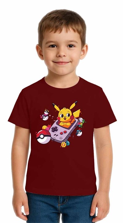 Unisex Pikaçu Baskılı Çocuk Tişört pamuklu penye kumaş