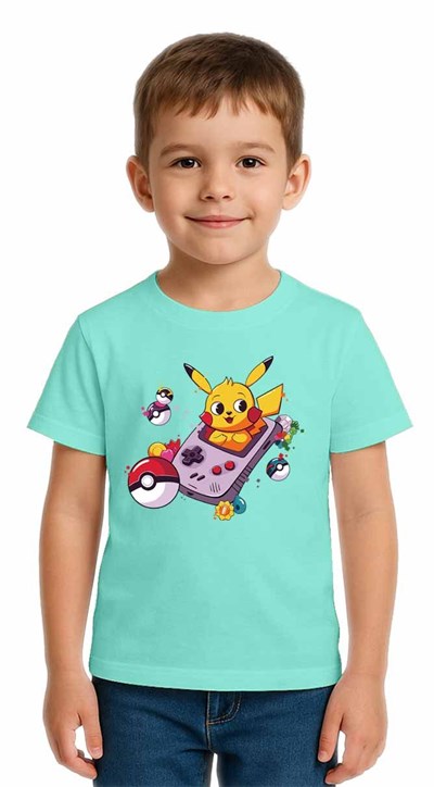 Unisex Pikaçu Baskılı Çocuk Tişört pamuklu penye kumaş