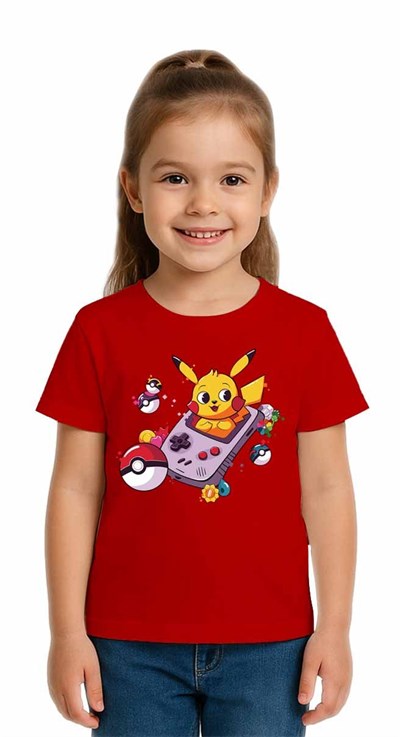 Unisex Pikaçu Baskılı Çocuk Tişört pamuklu penye kumaş