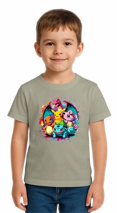 Unisex Pokemon Baskılı Çocuk Tişört pamuklu penye kumaş
