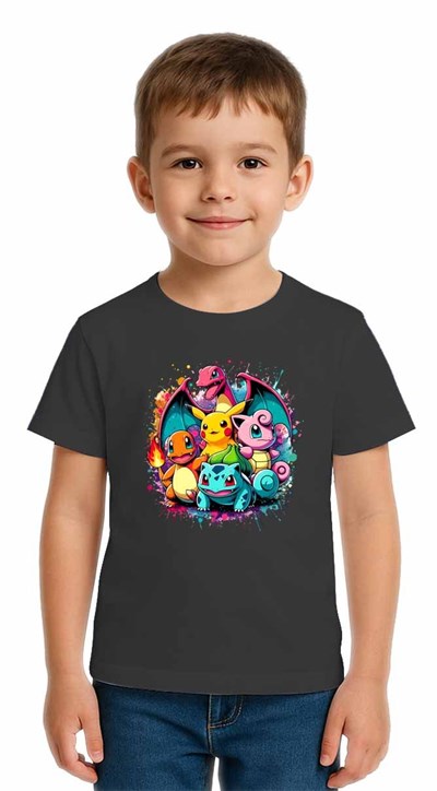 Unisex Pokemon Baskılı Çocuk Tişört pamuklu penye kumaş