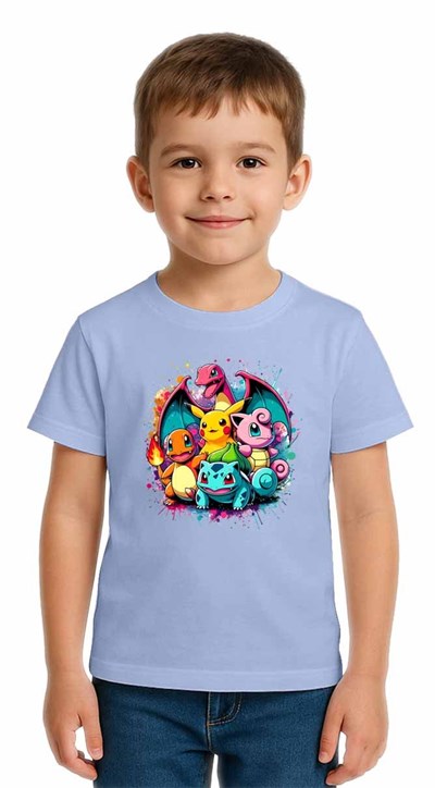Unisex Pokemon Baskılı Çocuk Tişört pamuklu penye kumaş