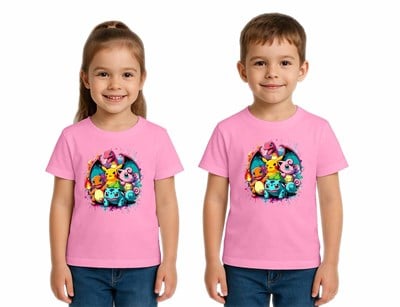 Unisex Pokemon Baskılı Çocuk Tişört pamuklu penye kumaş