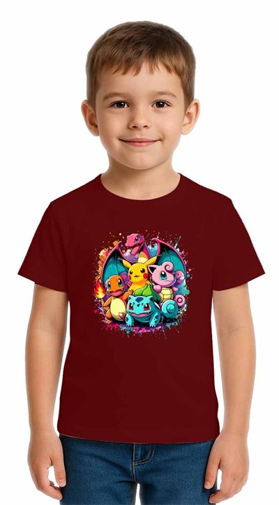 Unisex Pokemon Baskılı Çocuk Tişört pamuklu penye kumaş