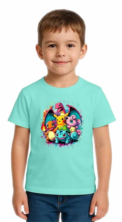 Unisex Pokemon Baskılı Çocuk Tişört pamuklu penye kumaş