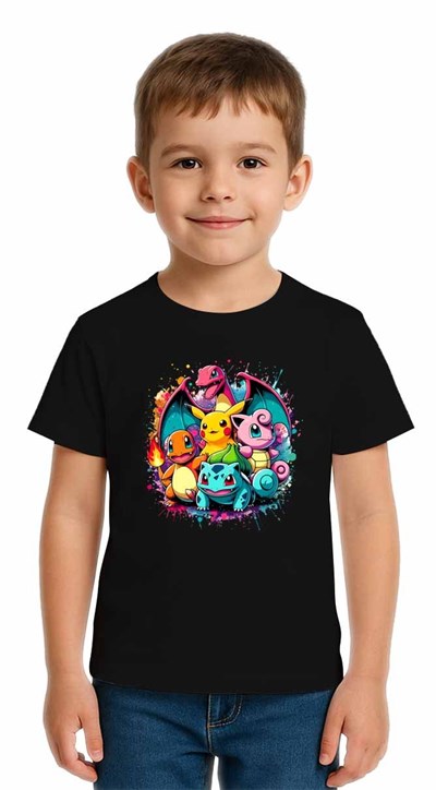 Unisex Pokemon Baskılı Çocuk Tişört pamuklu penye kumaş