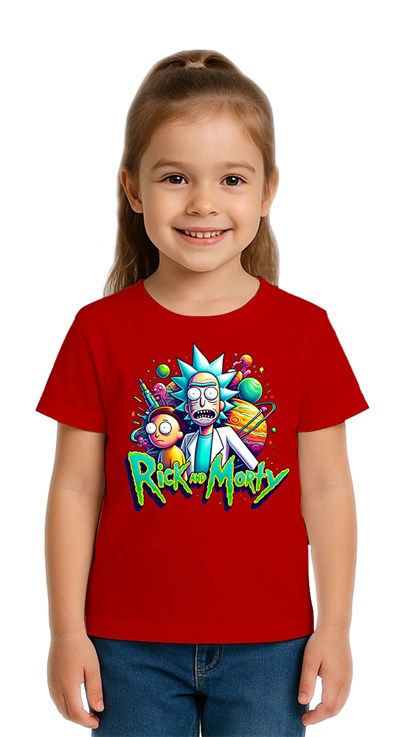 Unisex Rick and Morty baskılı Çocuk Tişört pamuklu penye kumaş