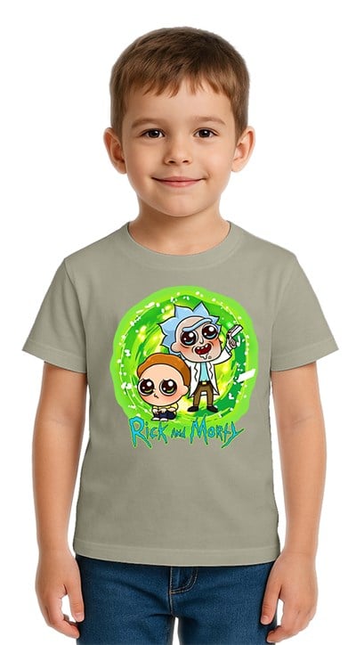 Unisex Rick and Morty baskılı Çocuk Tişört pamuklu penye kumaş