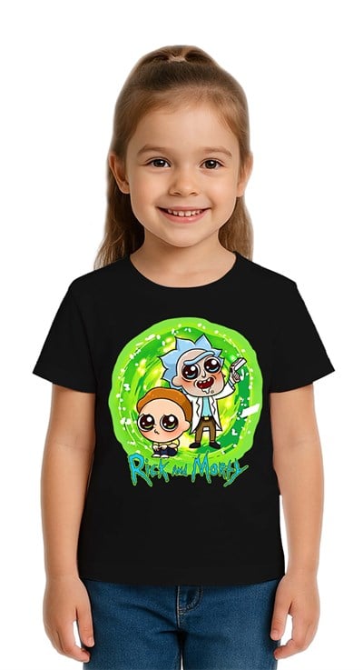 Unisex Rick and Morty baskılı Çocuk Tişört pamuklu penye kumaş