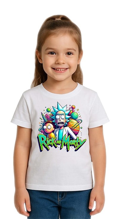 Unisex Rick and Morty baskılı Çocuk Tişört pamuklu penye kumaş