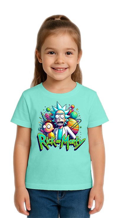 Unisex Rick and Morty baskılı Çocuk Tişört pamuklu penye kumaş