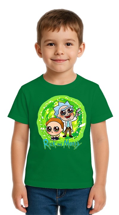 Unisex Rick and Morty baskılı Çocuk Tişört pamuklu penye kumaş