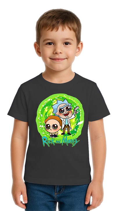 Unisex Rick and Morty baskılı Çocuk Tişört pamuklu penye kumaş