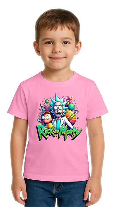 Unisex Rick and Morty baskılı Çocuk Tişört pamuklu penye kumaş