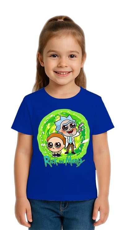 Unisex Rick and Morty baskılı Çocuk Tişört pamuklu penye kumaş