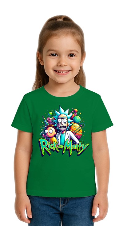 Unisex Rick and Morty baskılı Çocuk Tişört pamuklu penye kumaş