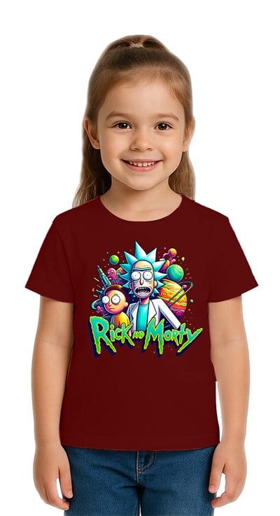 Unisex Rick and Morty baskılı Çocuk Tişört pamuklu penye kumaş
