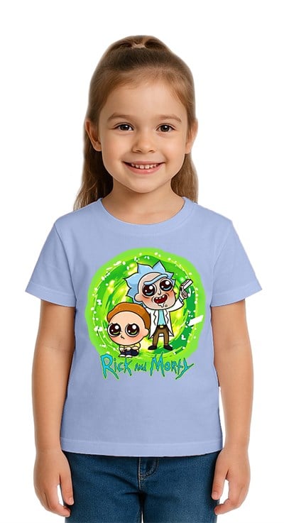 Unisex Rick and Morty baskılı Çocuk Tişört pamuklu penye kumaş