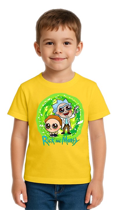 Unisex Rick and Morty baskılı Çocuk Tişört pamuklu penye kumaş