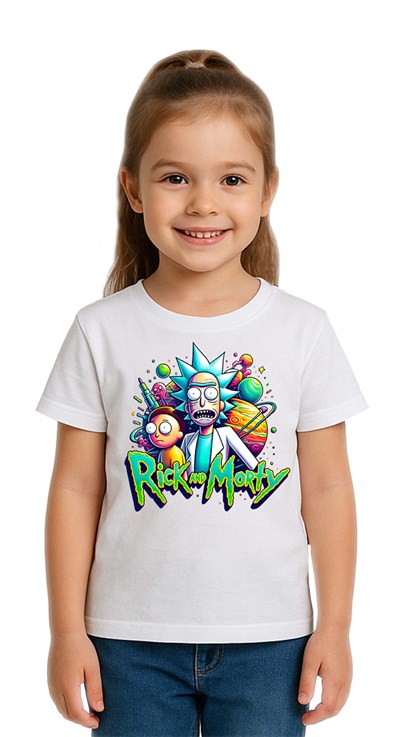 Unisex Rick and Morty baskılı Çocuk Tişört pamuklu penye kumaş