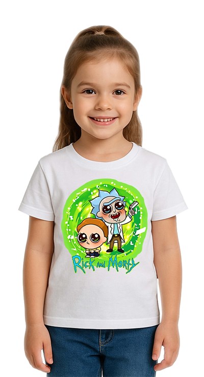 Unisex Rick and Morty baskılı Çocuk Tişört pamuklu penye kumaş