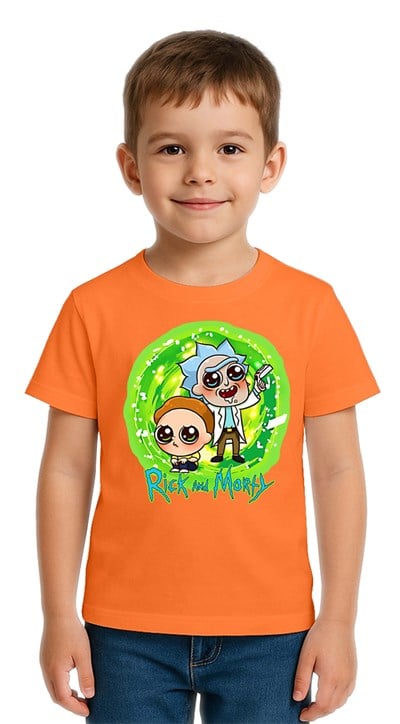 Unisex Rick and Morty baskılı Çocuk Tişört pamuklu penye kumaş