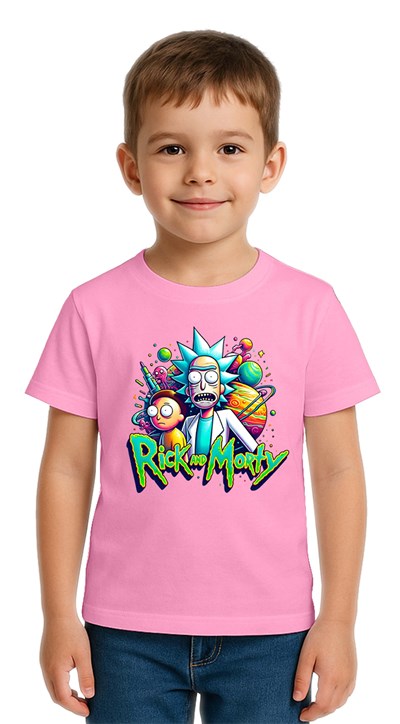 Unisex Rick and Morty baskılı Çocuk Tişört pamuklu penye kumaş