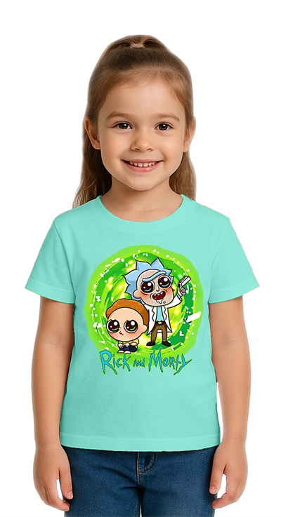 Unisex Rick and Morty baskılı Çocuk Tişört pamuklu penye kumaş