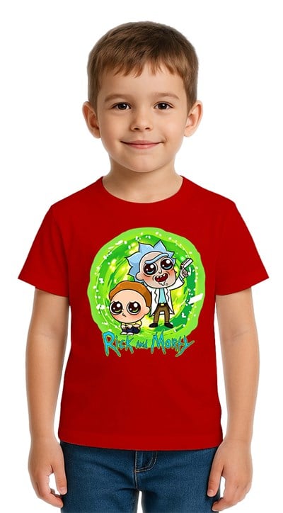 Unisex Rick and Morty baskılı Çocuk Tişört pamuklu penye kumaş