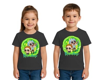 Unisex Rick and Morty baskılı Çocuk Tişört pamuklu penye kumaş
