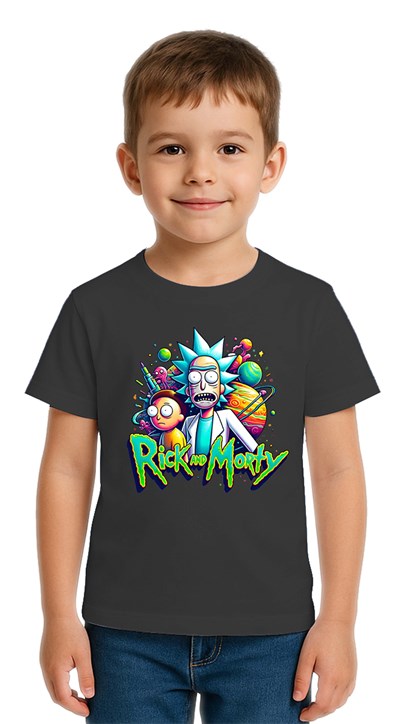 Unisex Rick and Morty baskılı Çocuk Tişört pamuklu penye kumaş